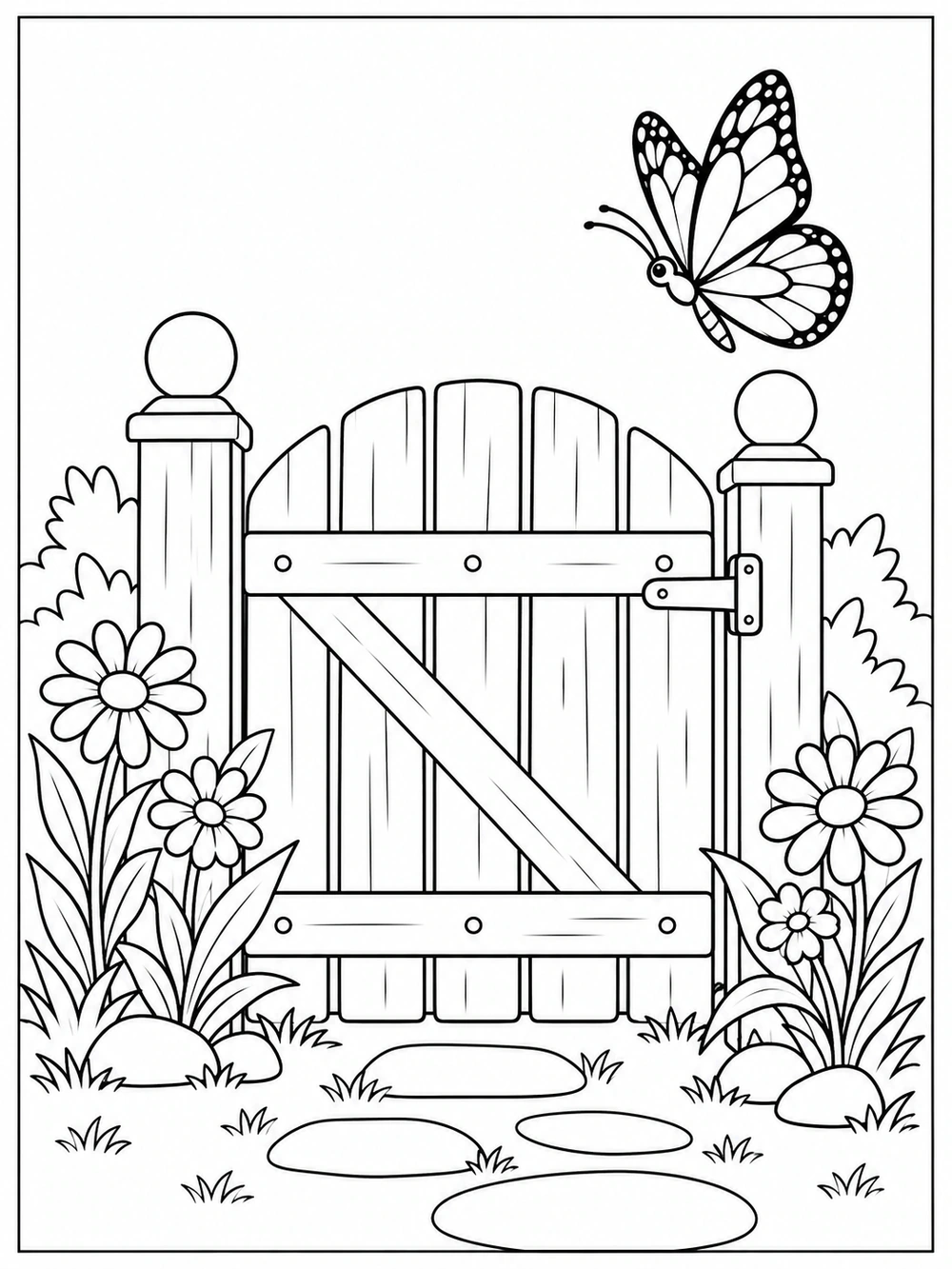 Large butterfly above a wooden garden gate, surrounded by flowers, leaves, and stepping stones.