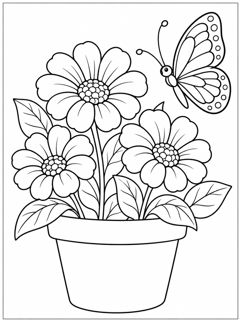 A large butterfly with patterned wings beside a flowerpot filled with three large blooms and leafy stems.
