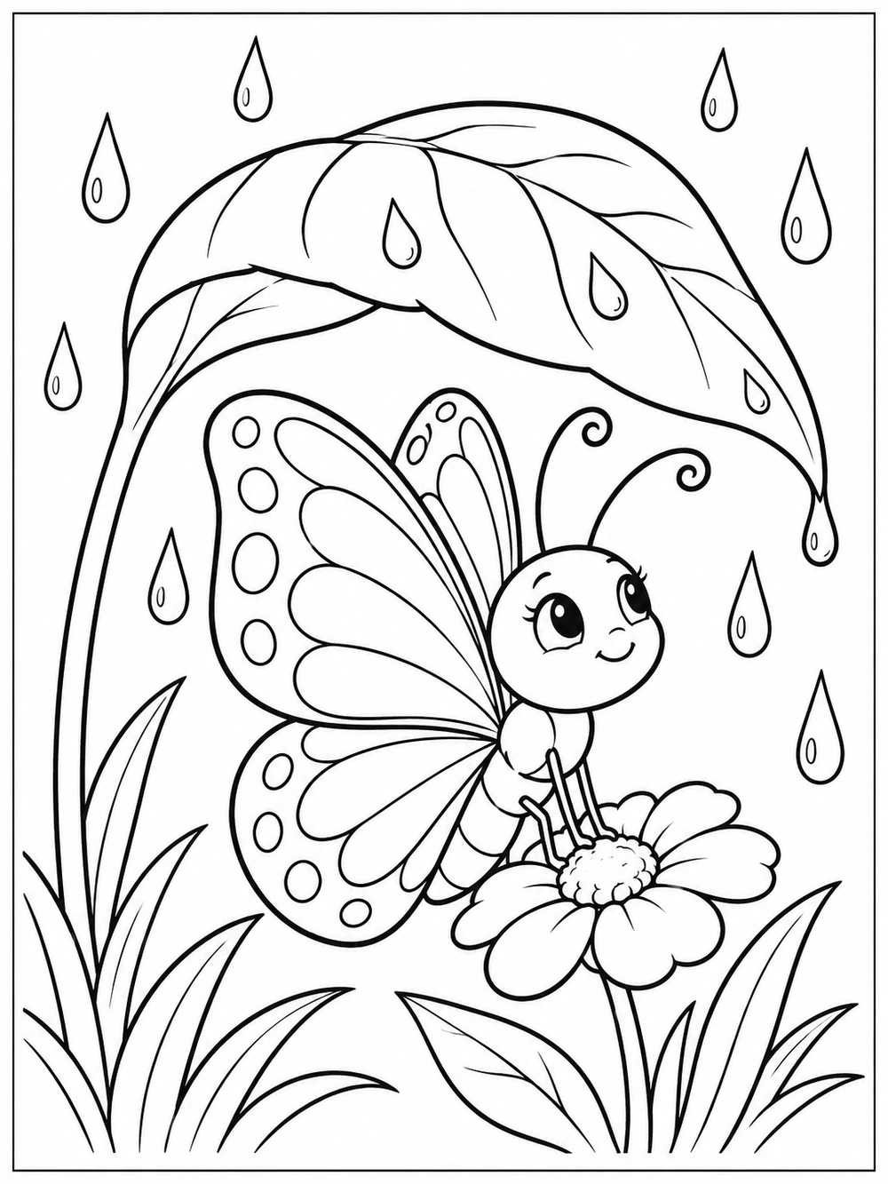A smiling butterfly sheltering under a large leaf as outlined raindrops fall, with a flower and grass below.