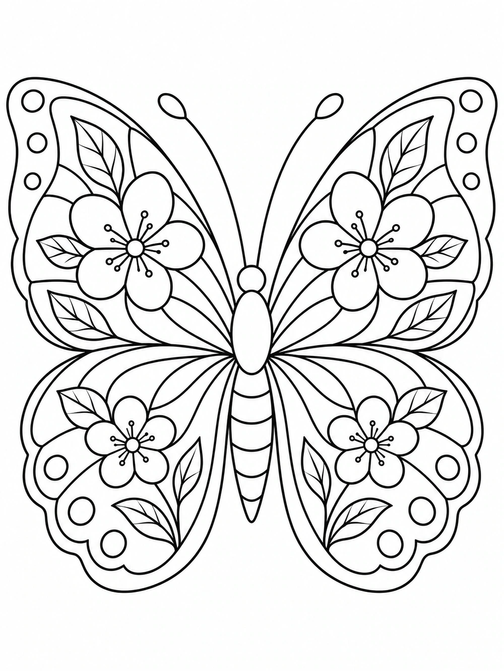 Symmetrical butterfly with flower and leaf patterns across its wings