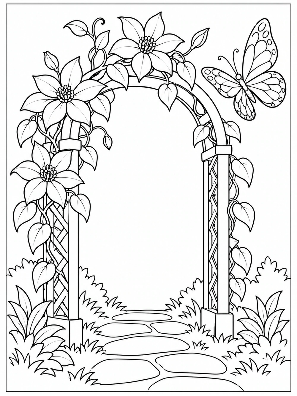 A prominent butterfly beside a climbing-flower garden arch with foliage and a stone path.