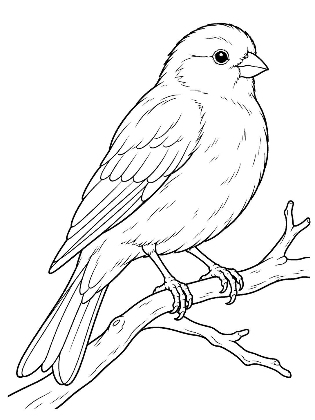 Black-outline coloring page of a canary perched on a branch with its toes wrapped around it.