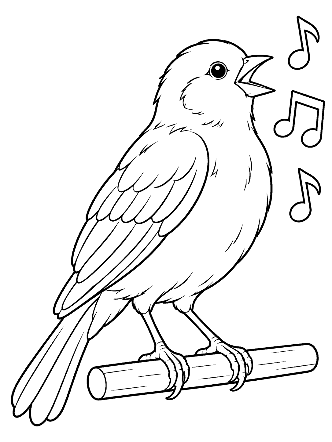 Black-and-white coloring page of a singing canary perched beneath three music notes.