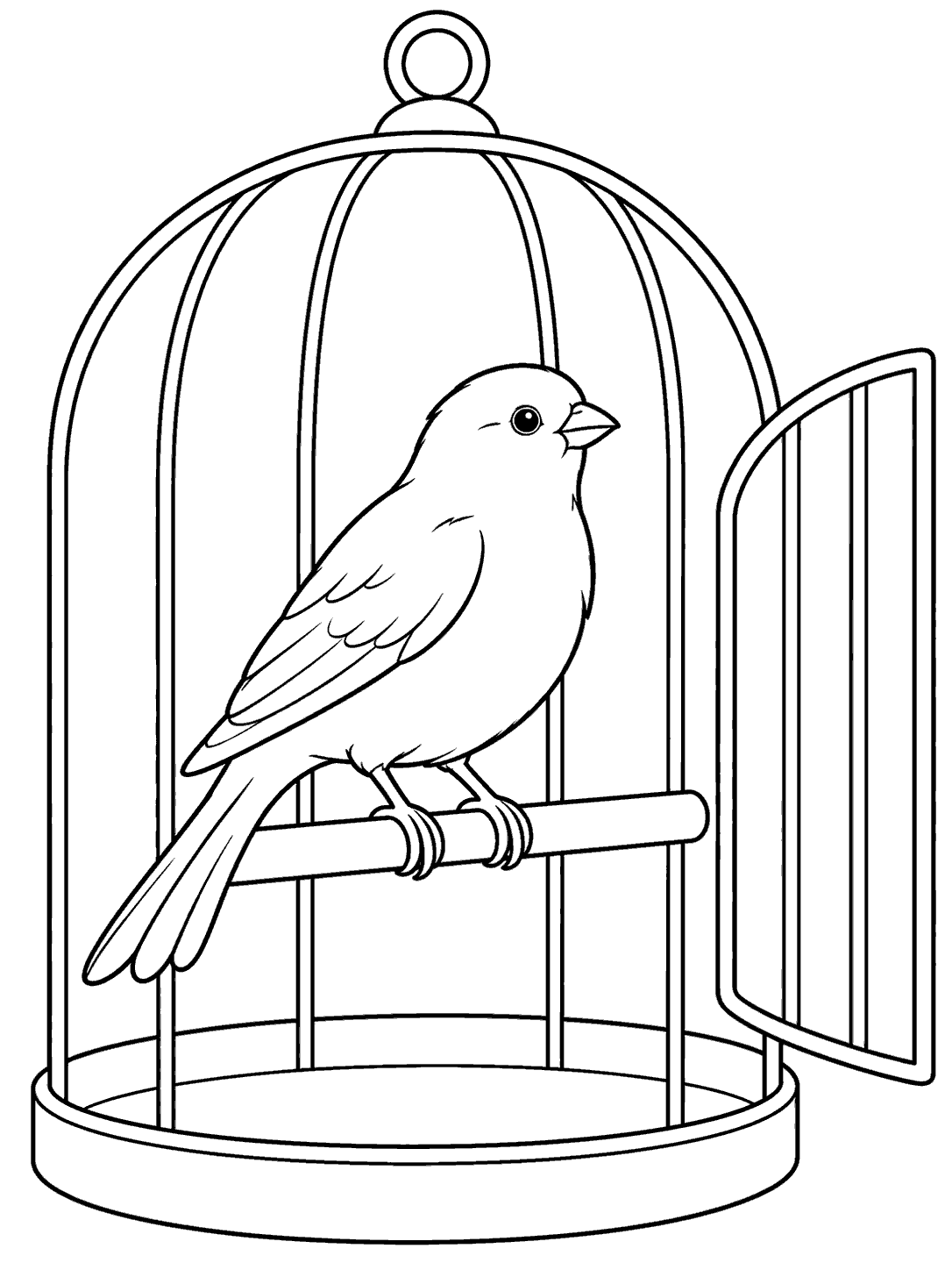 Black-and-white canary standing on a perch inside a rounded-top birdcage with an open door.