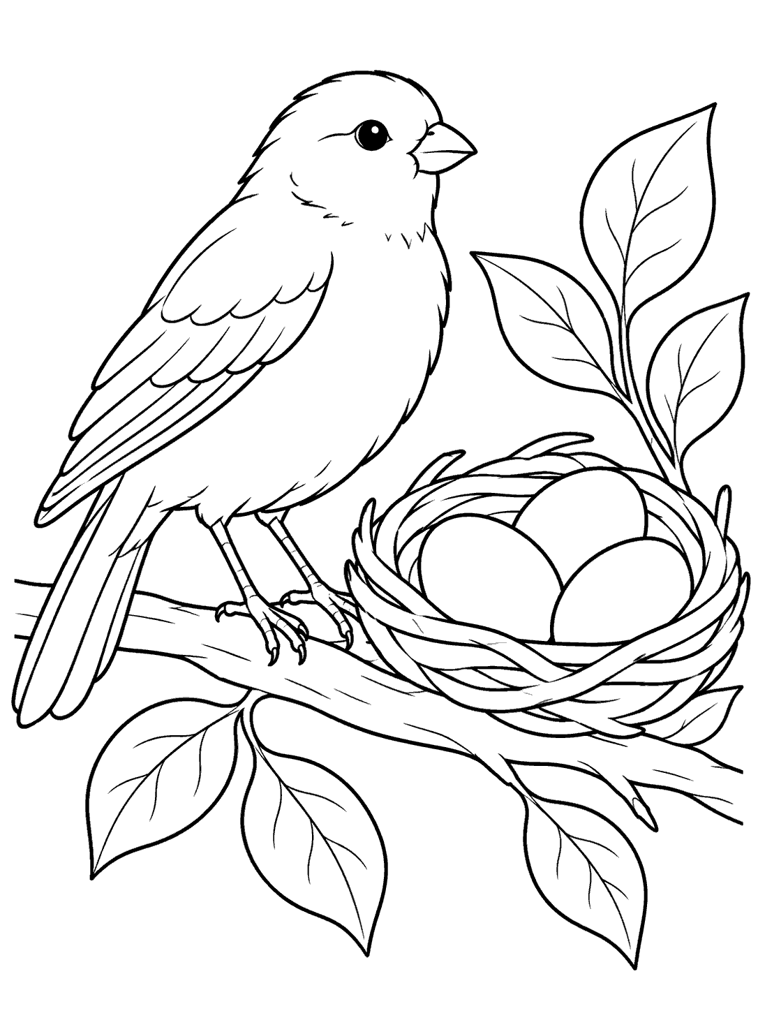 Black-and-white canary standing beside a nest with three eggs on a leafy branch, printable coloring page
