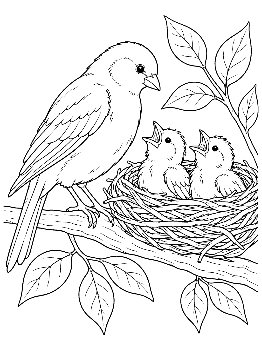 Black-and-white canary with two chicks in a leafy nest coloring page