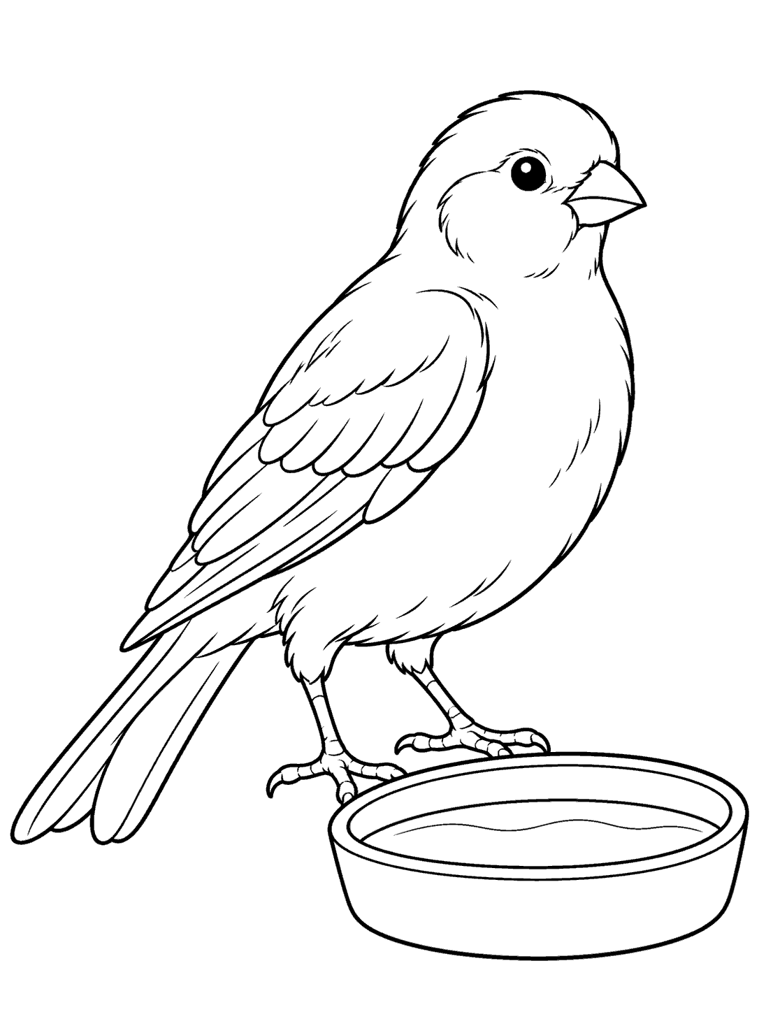 Black-and-white line art of a canary standing beside a wide water dish with a simple curved water line.