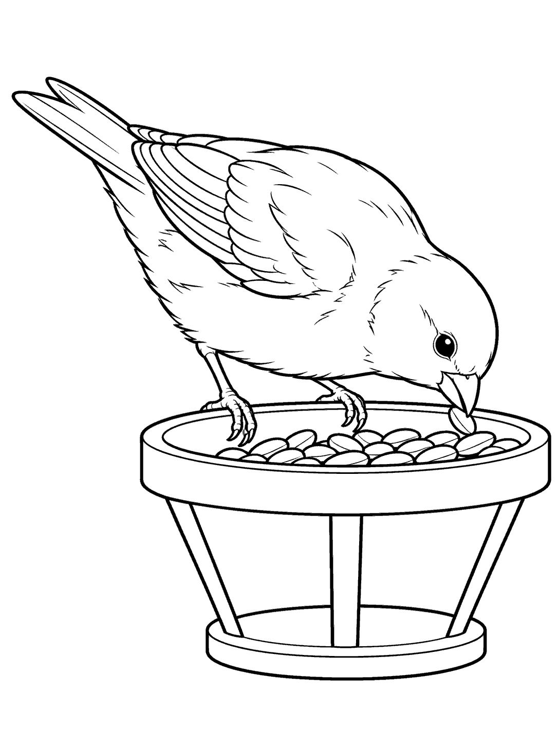 Line-art coloring page showing a canary perched on a seed feeder and pecking at an oval seed.