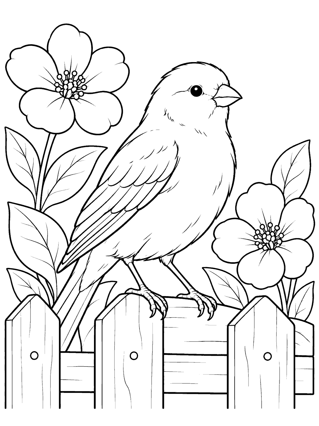 Printable black-and-white coloring page showing a canary perched on a wooden garden fence, framed by two flowers and broad leaves.