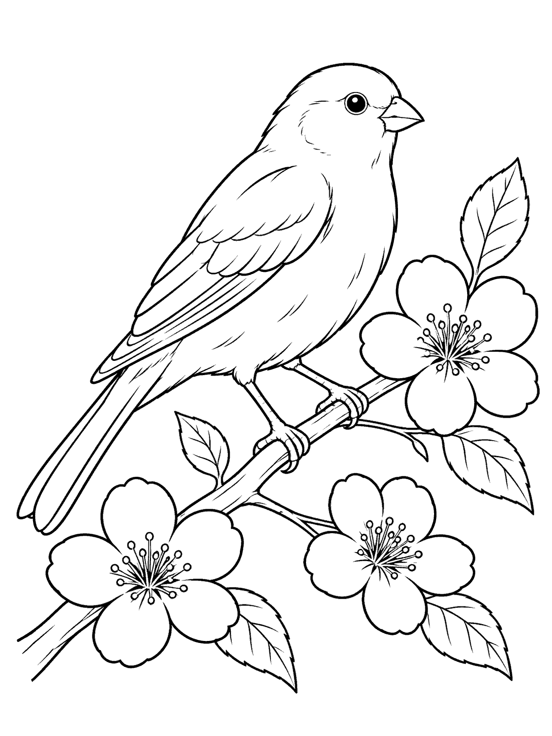 Black-and-white coloring page of a side-view canary perched on a flowering branch with three blossoms and leaves.