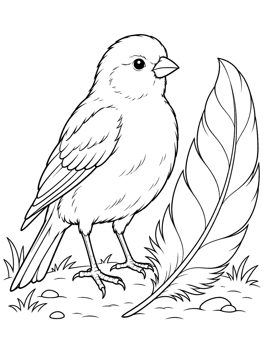 Black and white printable coloring page of a canary standing beside a large curved feather.