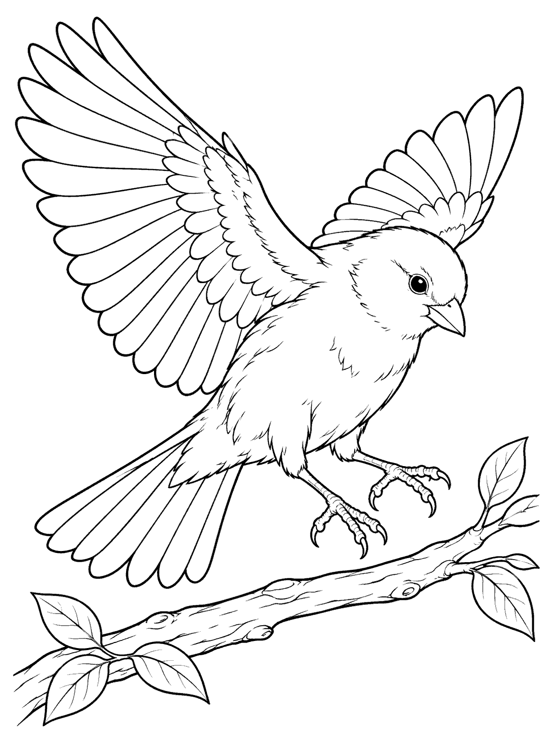 Black-and-white coloring page of a canary descending toward a leafy branch, wings spread and feet extended.