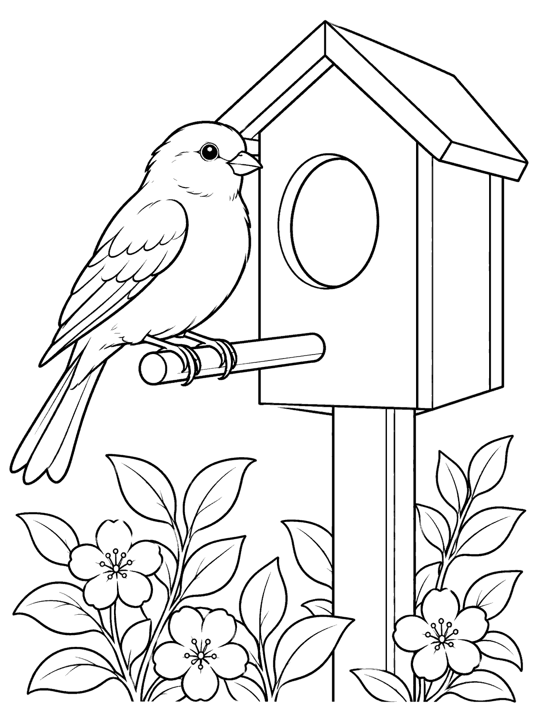 Black and white coloring page showing a canary perched beside a tall wooden nesting box with a round entrance, surrounded by flowers and leaves.
