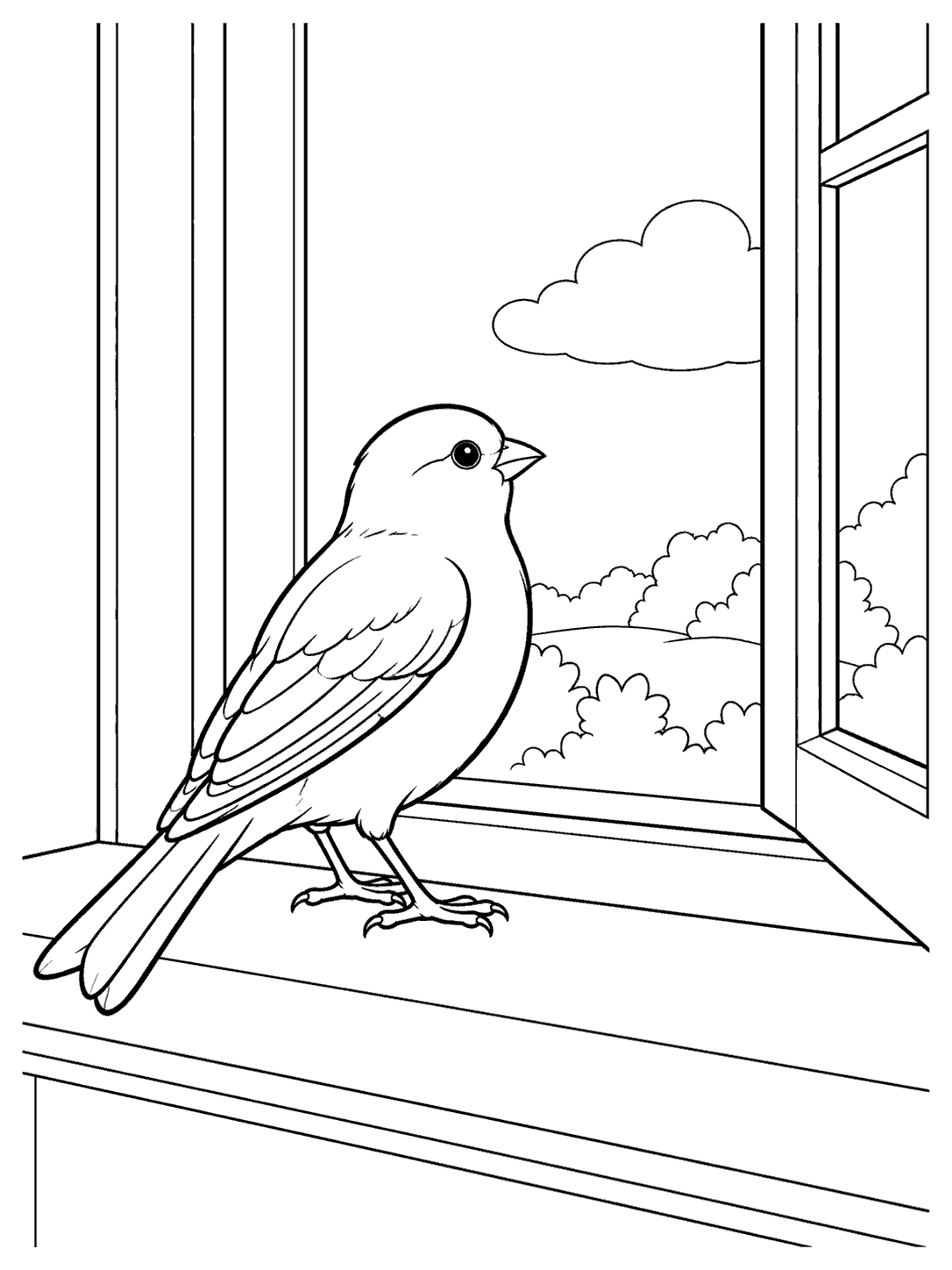 Canary standing on a windowsill beside an open window with clouds outside, printable coloring page