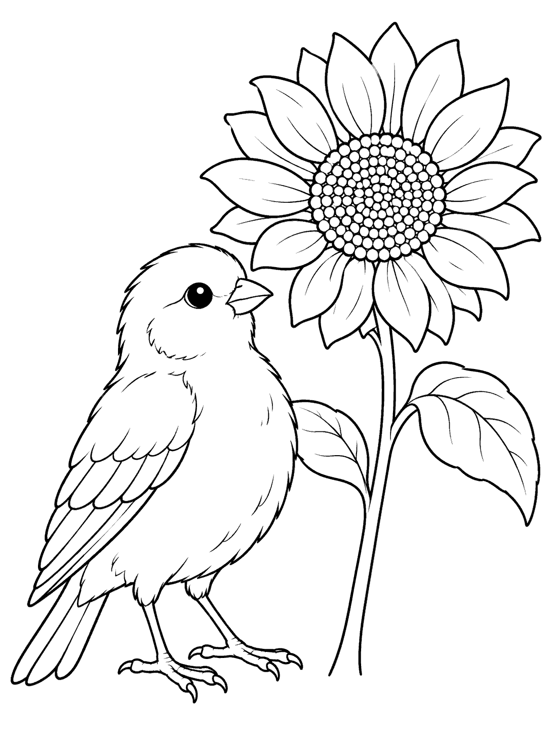 Canary beside a sunflower coloring page