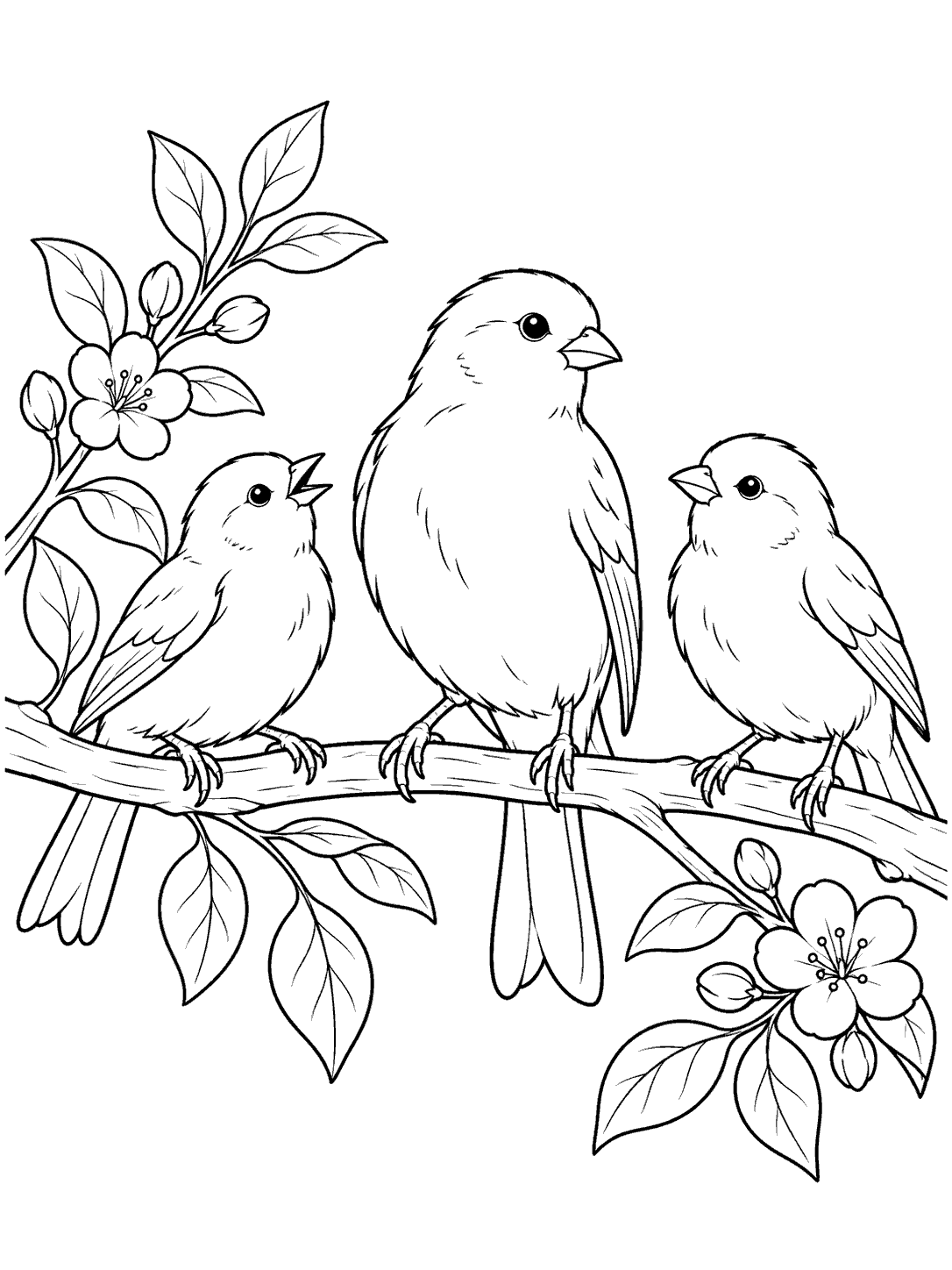 One large canary and two smaller canaries perched on a branch with leaves and flowers in a printable coloring page.