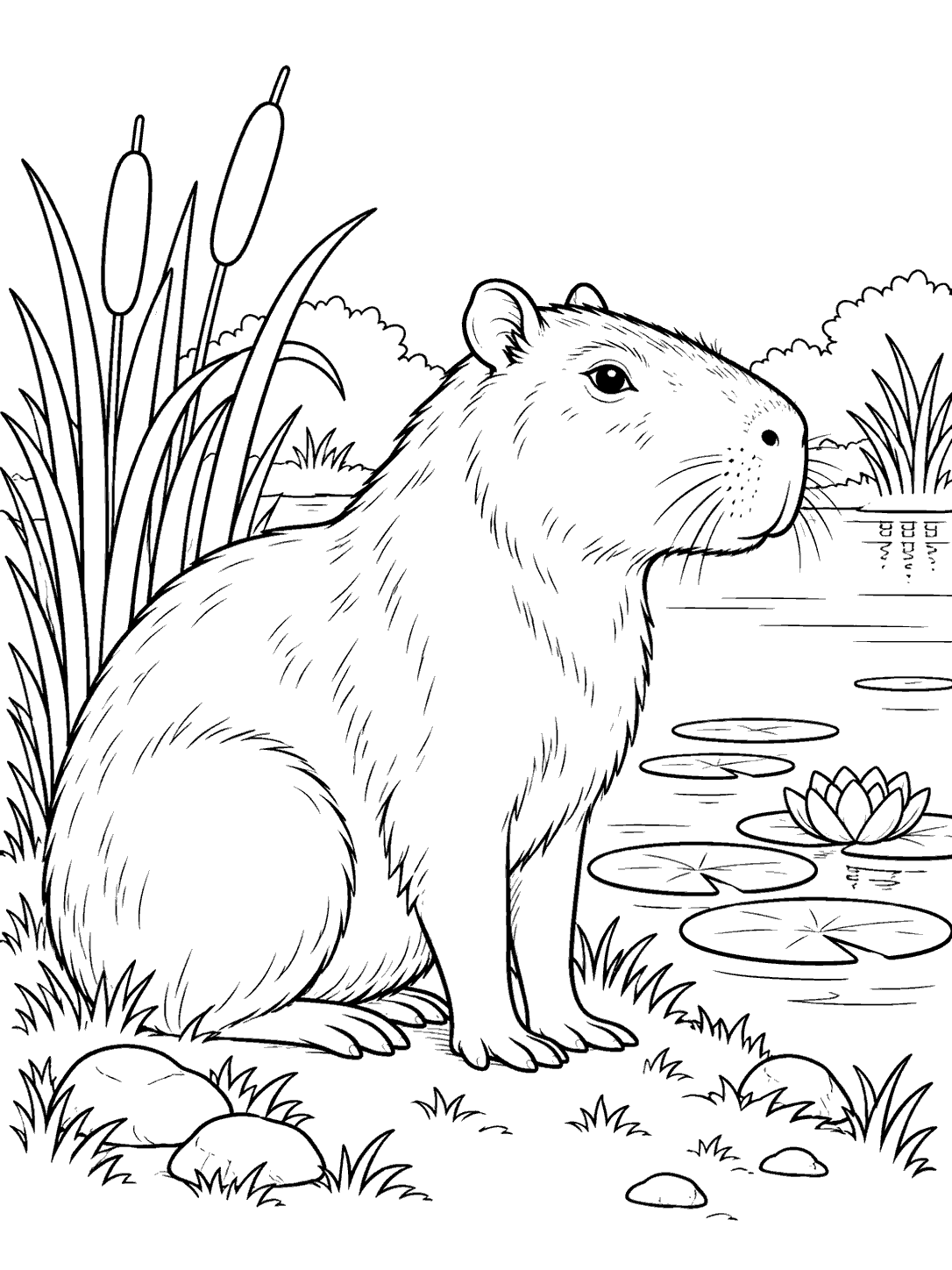 Black-and-white line art of a capybara seated in profile beside a pond with reeds, lily pads, and a flowering water lily.