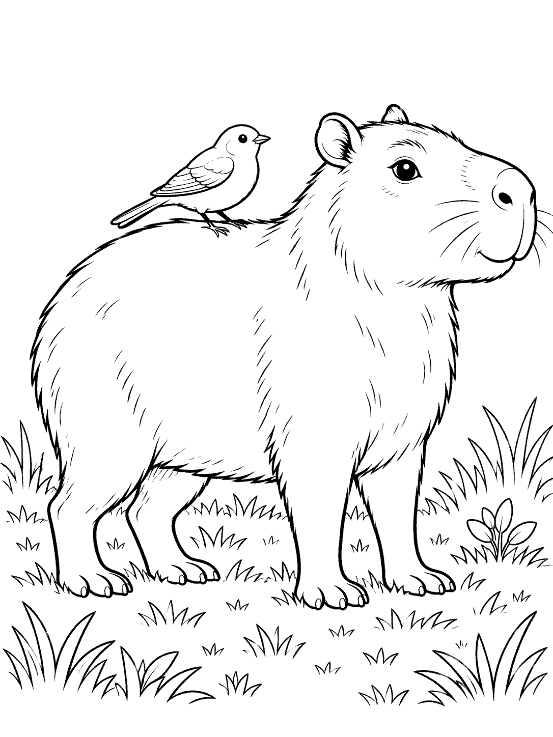 Side view of a full-body capybara standing in grass with a small bird perched on its back.