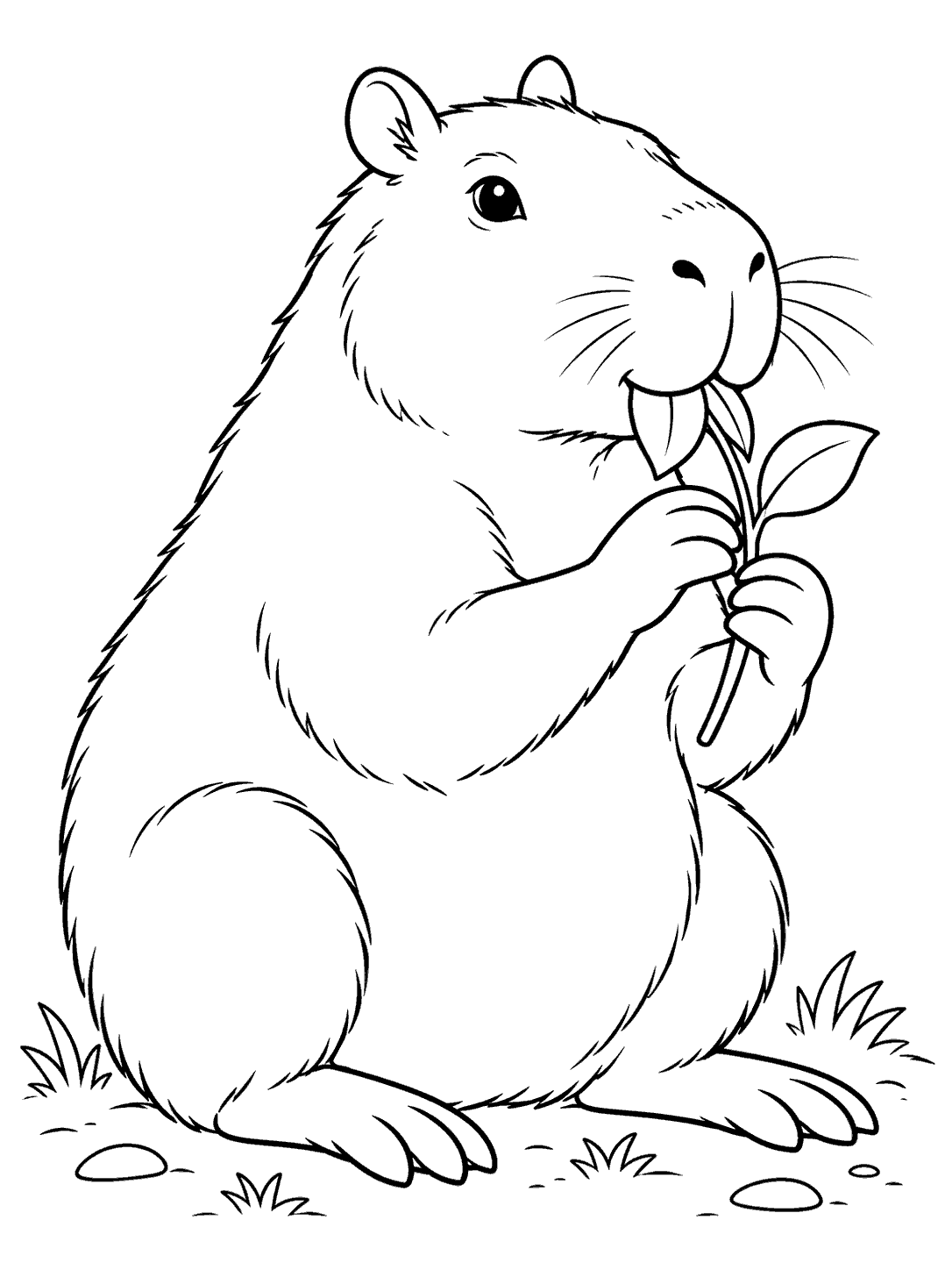 Seated capybara holding a leafy sprig and nibbling it, with a few stones and grass marks around its feet.