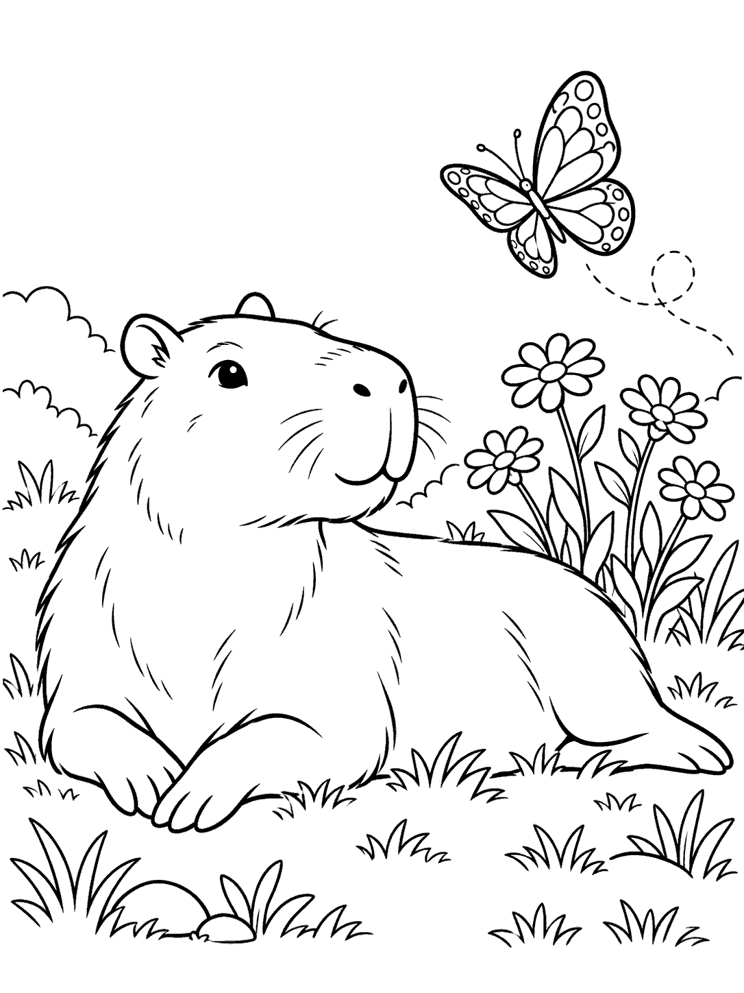 A large capybara lies comfortably in a meadow beneath a clearly visible butterfly, with flowers and grass around it.