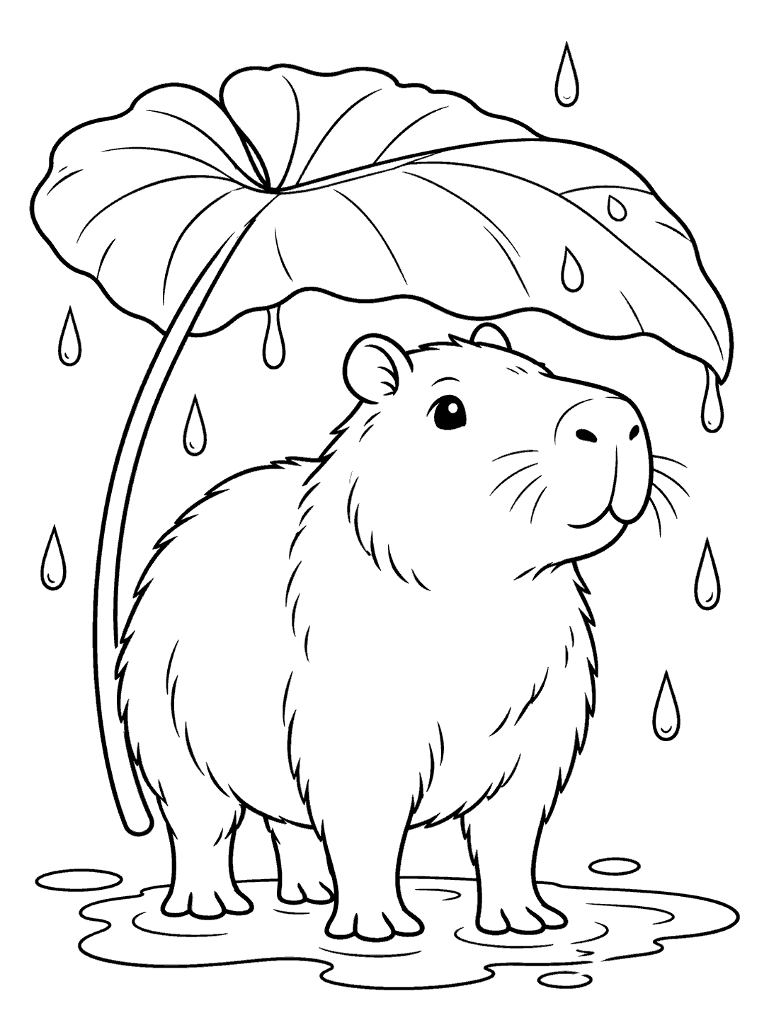 A standing capybara sheltered under a large leaf, with raindrops and a puddle below.