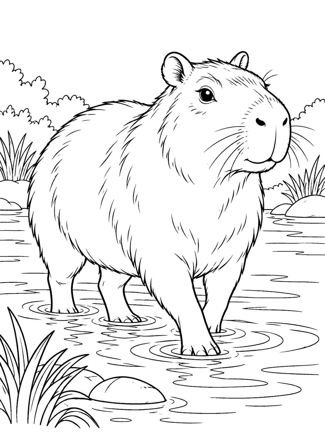 A capybara standing in shallow water with ripples around its legs and plants along the riverbank.