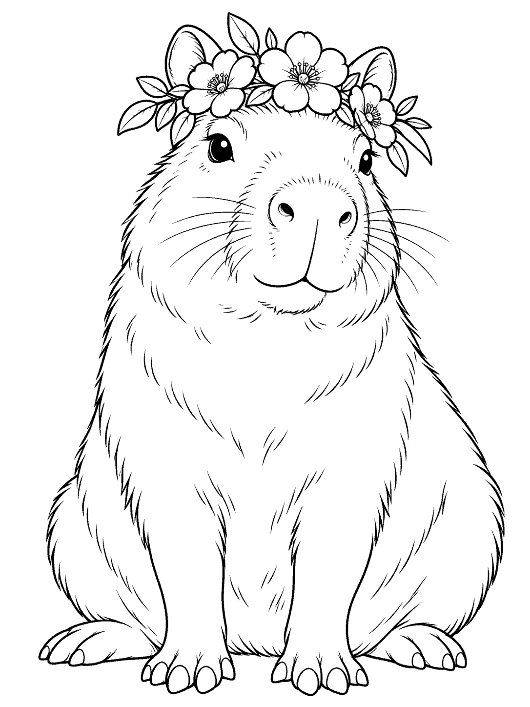 A front-facing seated capybara with a flower crown, drawn in black outlines on a white page.
