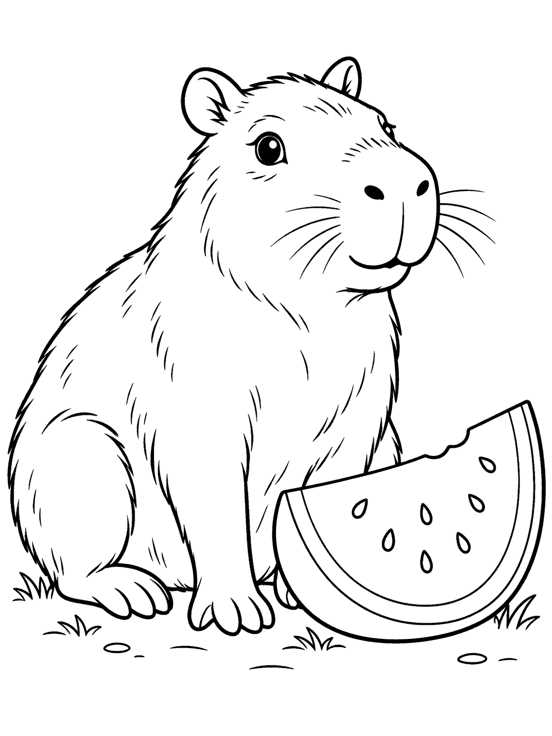 A large outlined capybara sits beside a watermelon slice with open rind outlines and seeds, surrounded by a few grass marks.