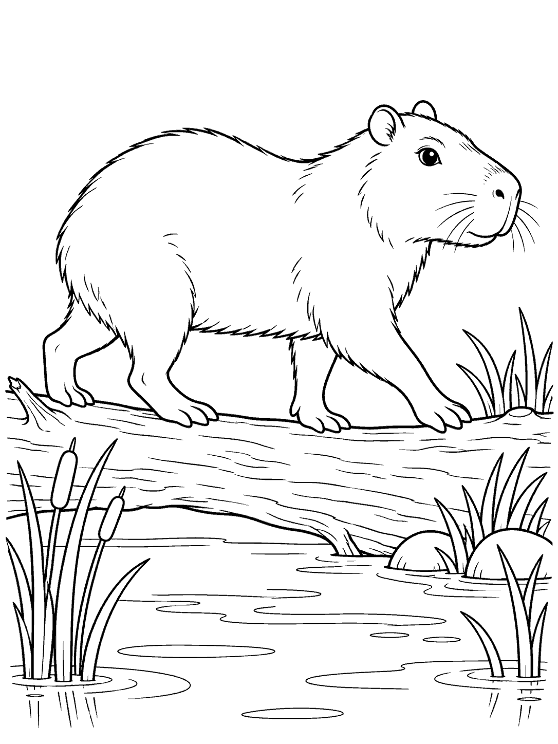 A capybara walking across a fallen log above pond water, with reeds at the edges.