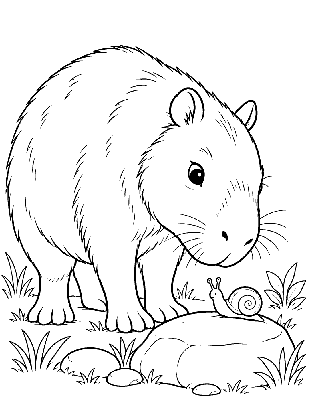A capybara looks down at a small spiral-shelled snail on a flat stone, with a few plants and pebbles nearby.