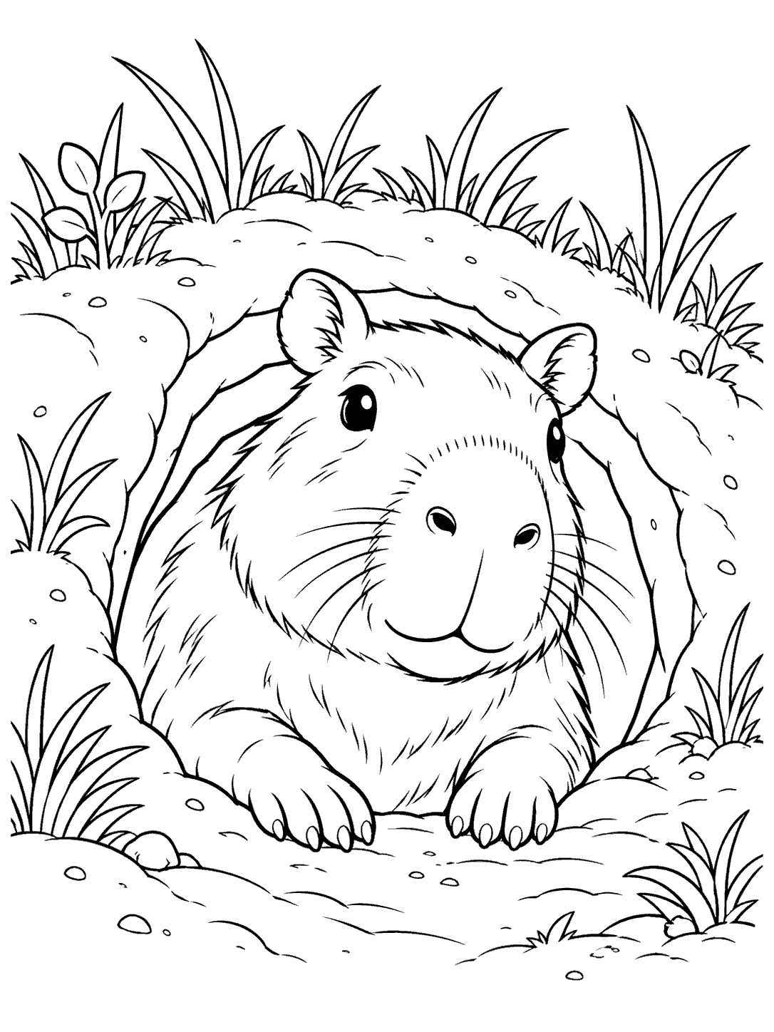 A capybara with visible front paws peeking from a rounded grassy burrow entrance, surrounded by grass and soil details.