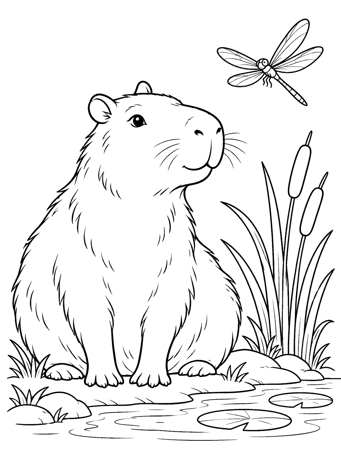 Black-and-white coloring page showing a seated capybara beside pond reeds and lily pads, with a four-winged dragonfly overhead.