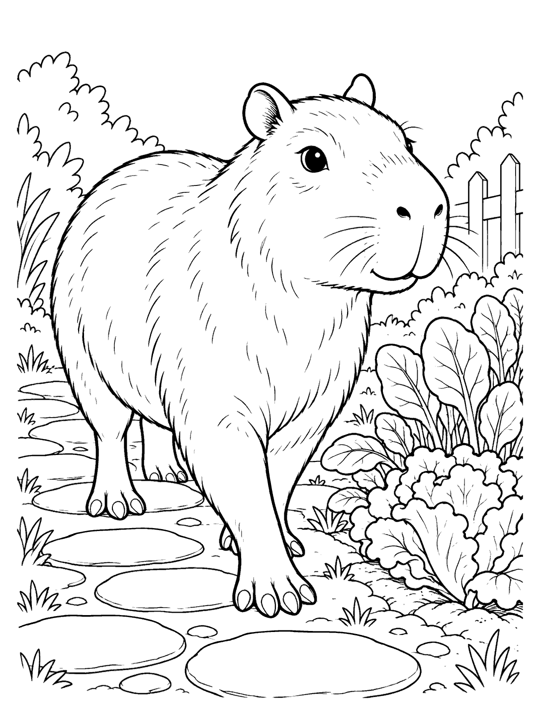 Large capybara walking along a garden path beside leafy vegetables, with a fence and shrubs in the background.