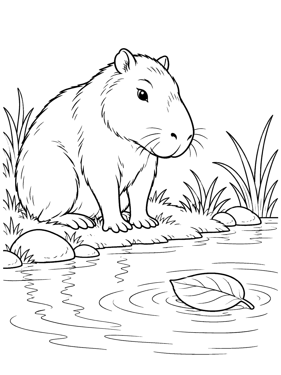 A seated capybara gazes at a broad floating leaf, surrounded by pond ripples, grasses, and a few rocks.