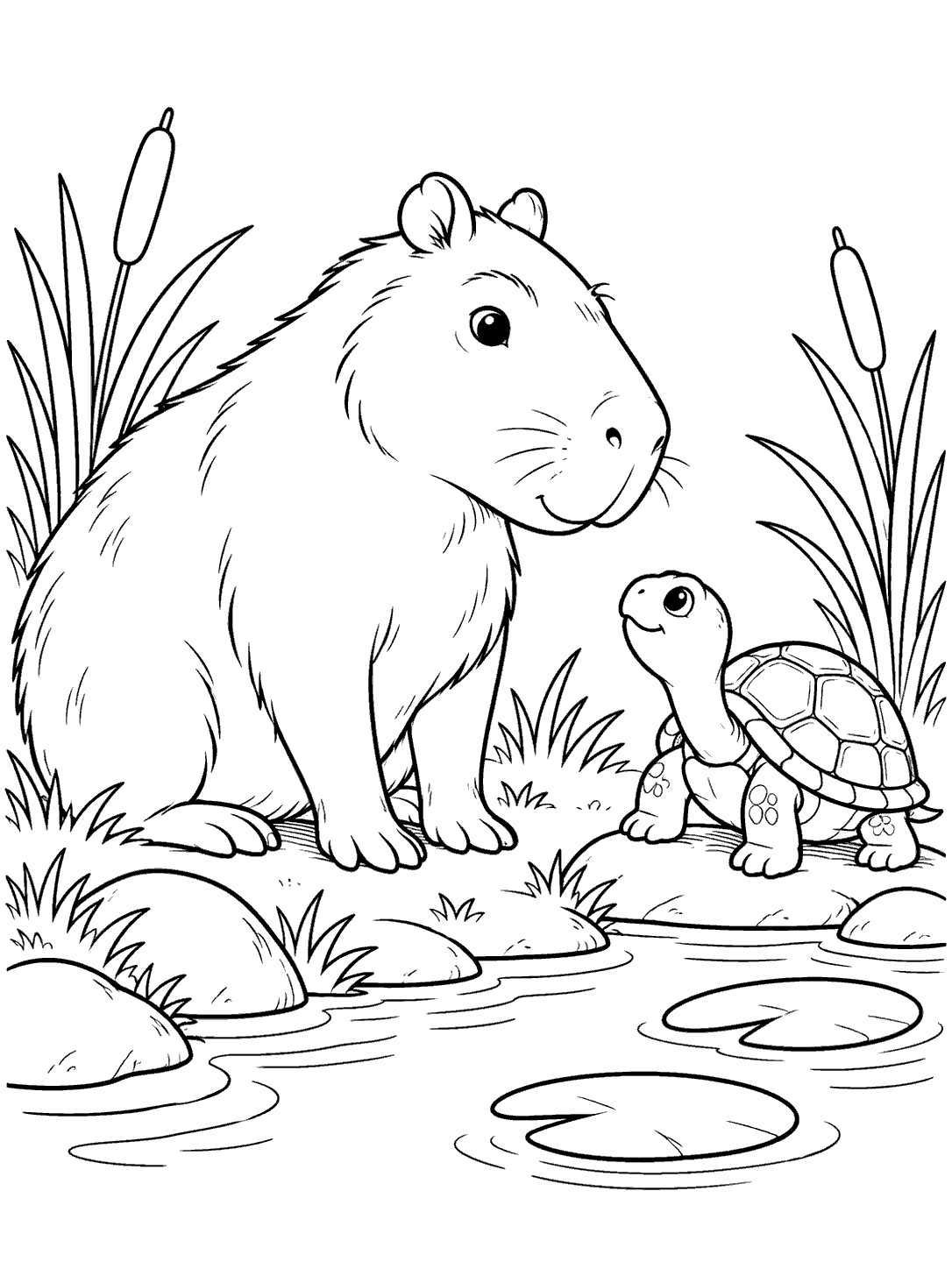 A capybara meets a small, four-legged turtle with a patterned shell on a pond bank with reeds and lily pads.