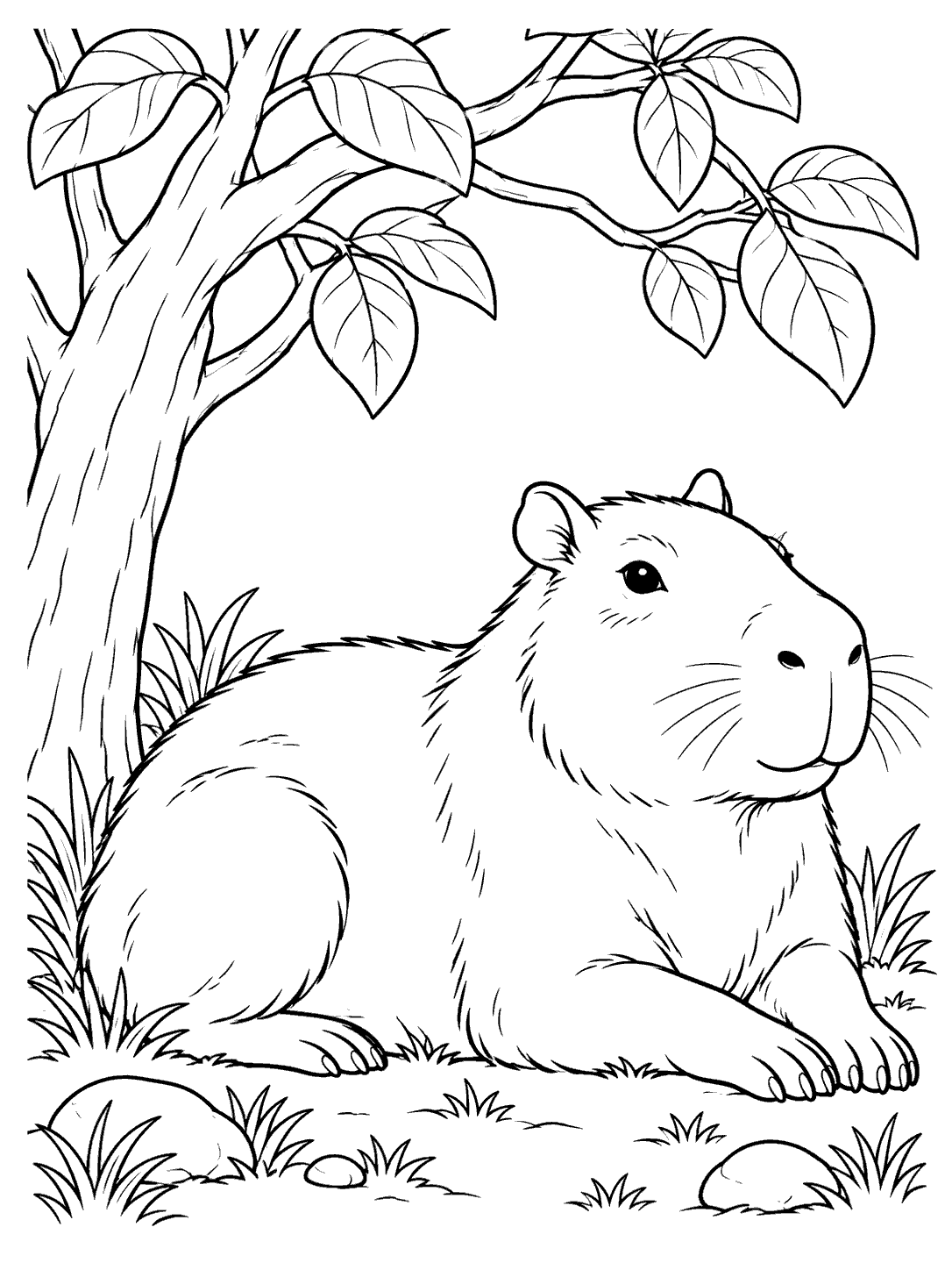 A large capybara rests beneath low leafy branches, with grass and stones around it.
