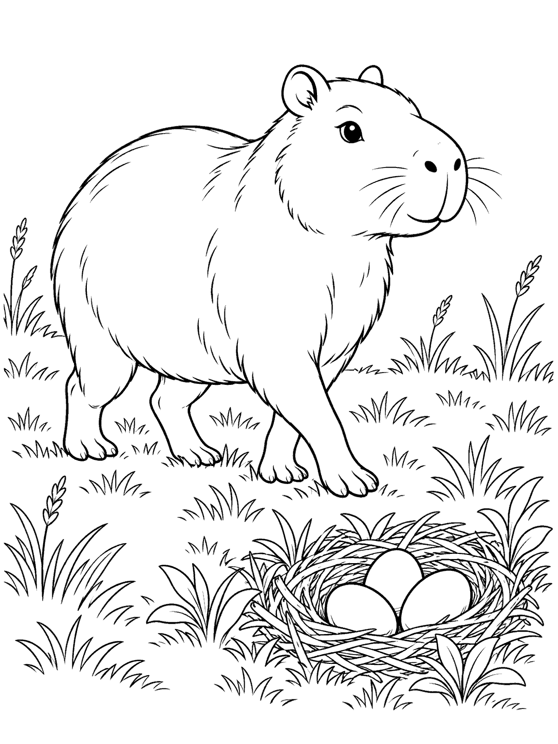 A capybara in a grassy meadow beside a ground nest containing three eggs.
