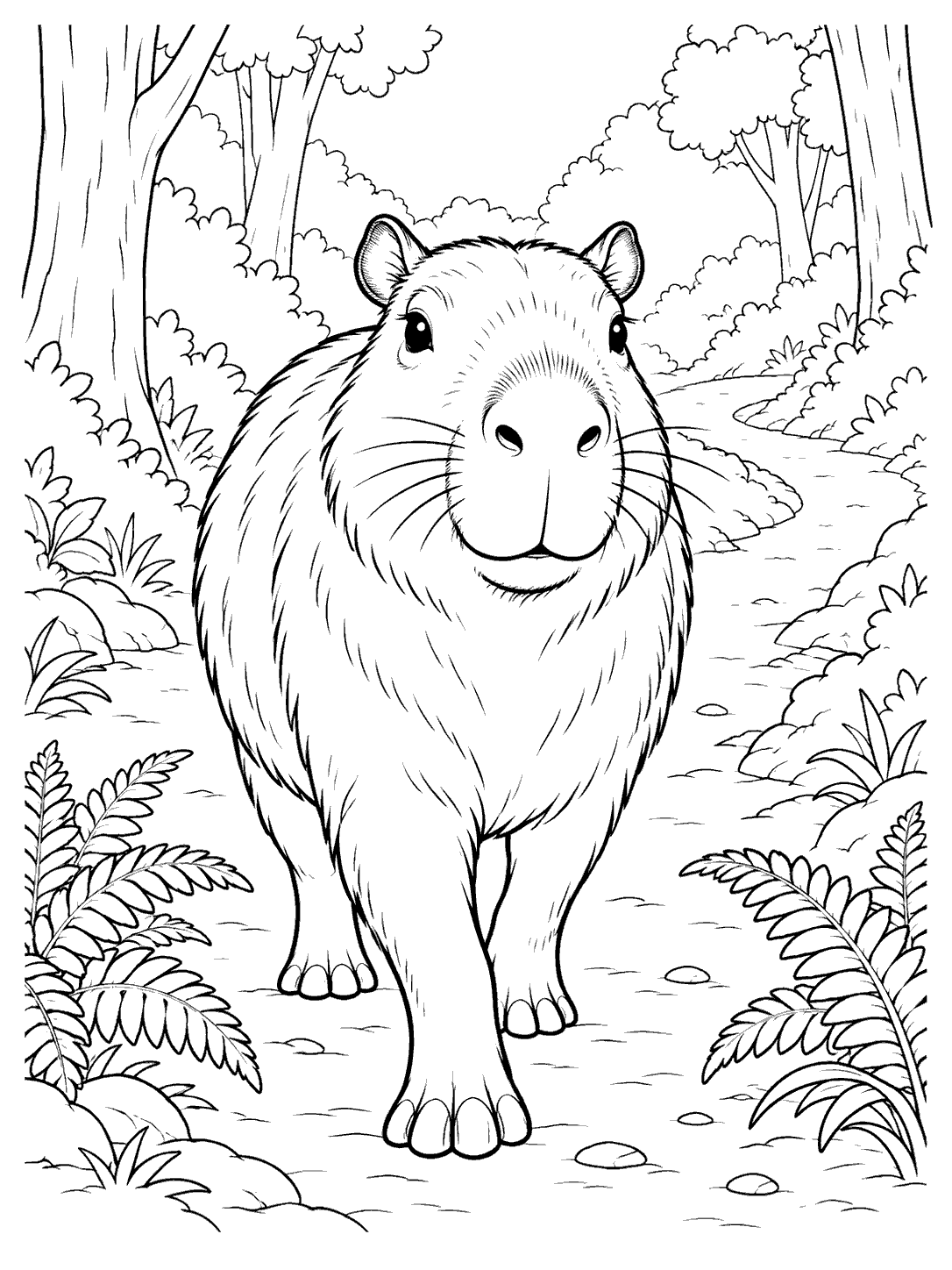 Capybara walking toward the viewer on a forest trail bordered by ferns.