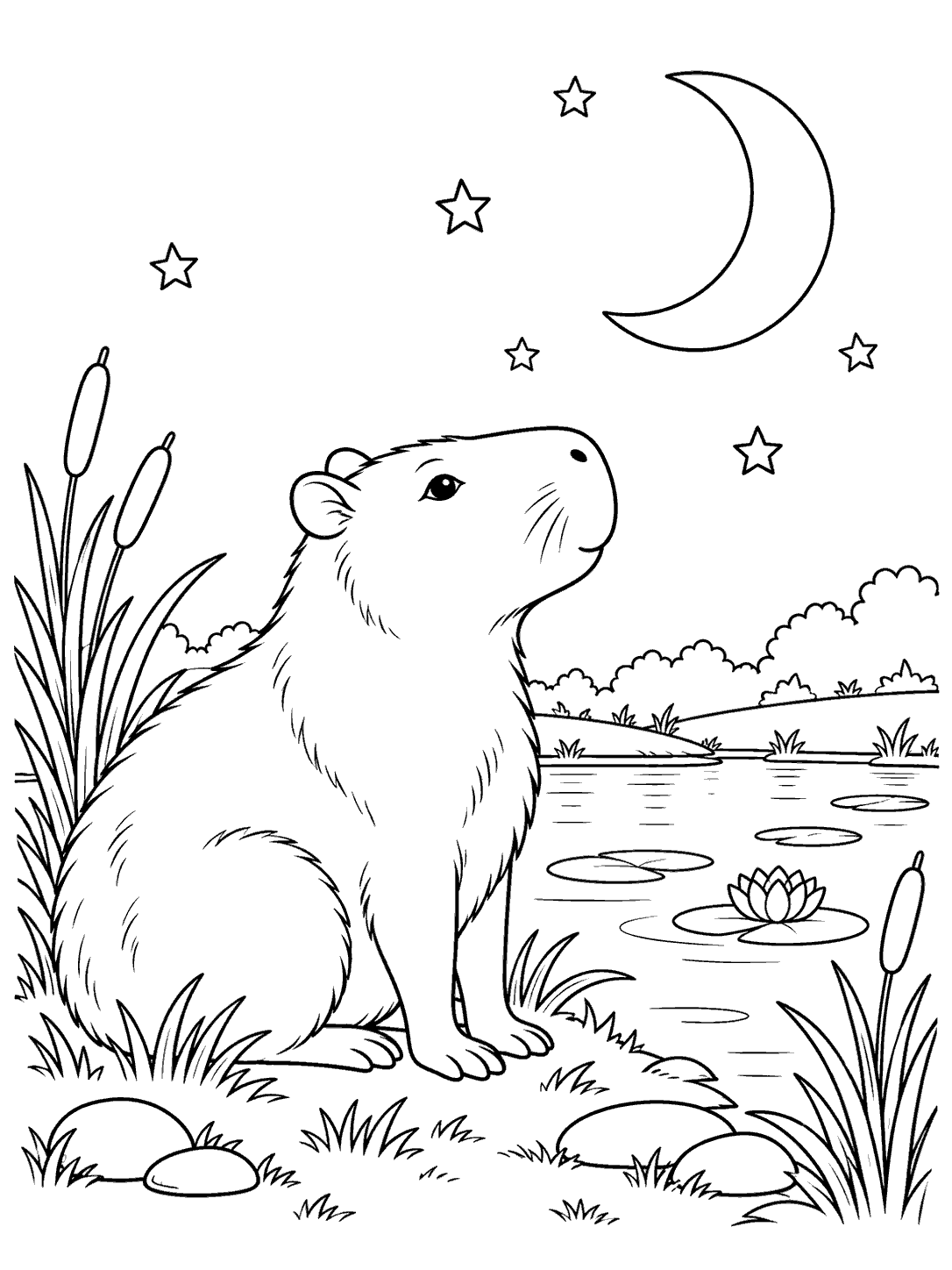 Black-and-white coloring page showing a seated capybara beside a pond with a crescent moon, stars, reeds, and a water lily.