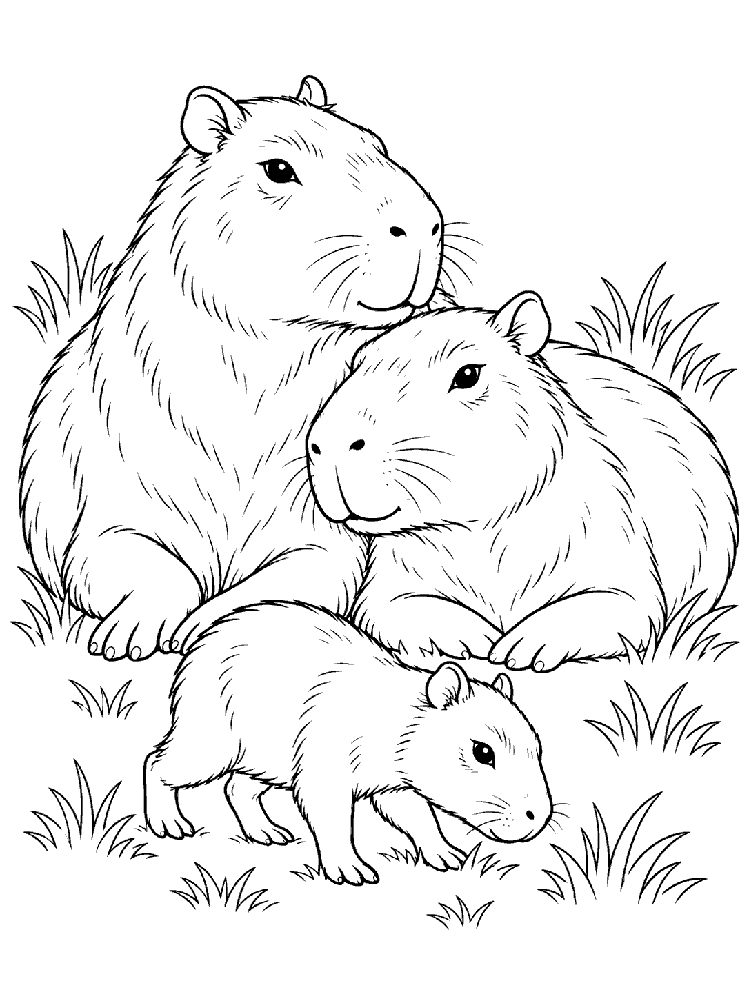 Black ink coloring page showing two adult capybaras resting together and a smaller pup exploring among grass tufts.