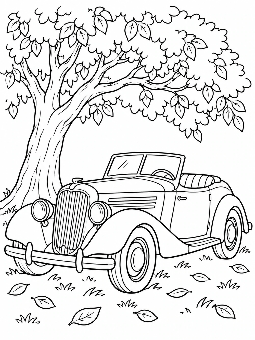 Classic roadster parked beneath a leafy tree coloring page
