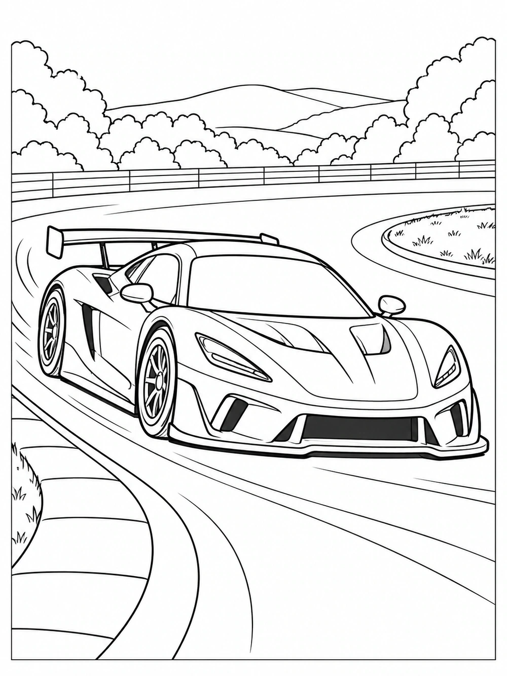 Race car rounding a track coloring page