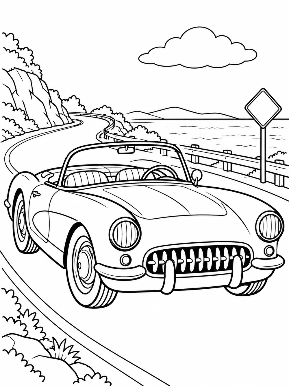 Black-and-white coloring page of a rounded vintage convertible driving on a winding road, with a blank roadside sign, a cloud, guardrail, and distant hills.