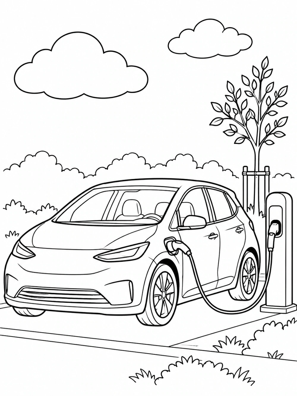 Black-and-white coloring page showing an electric car plugged into a charging post, with a sapling and clouds.
