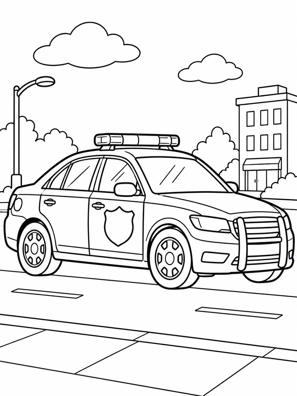 Black-and-white police patrol car coloring page with a roof light bar, blank shield emblem, and city building in the background.