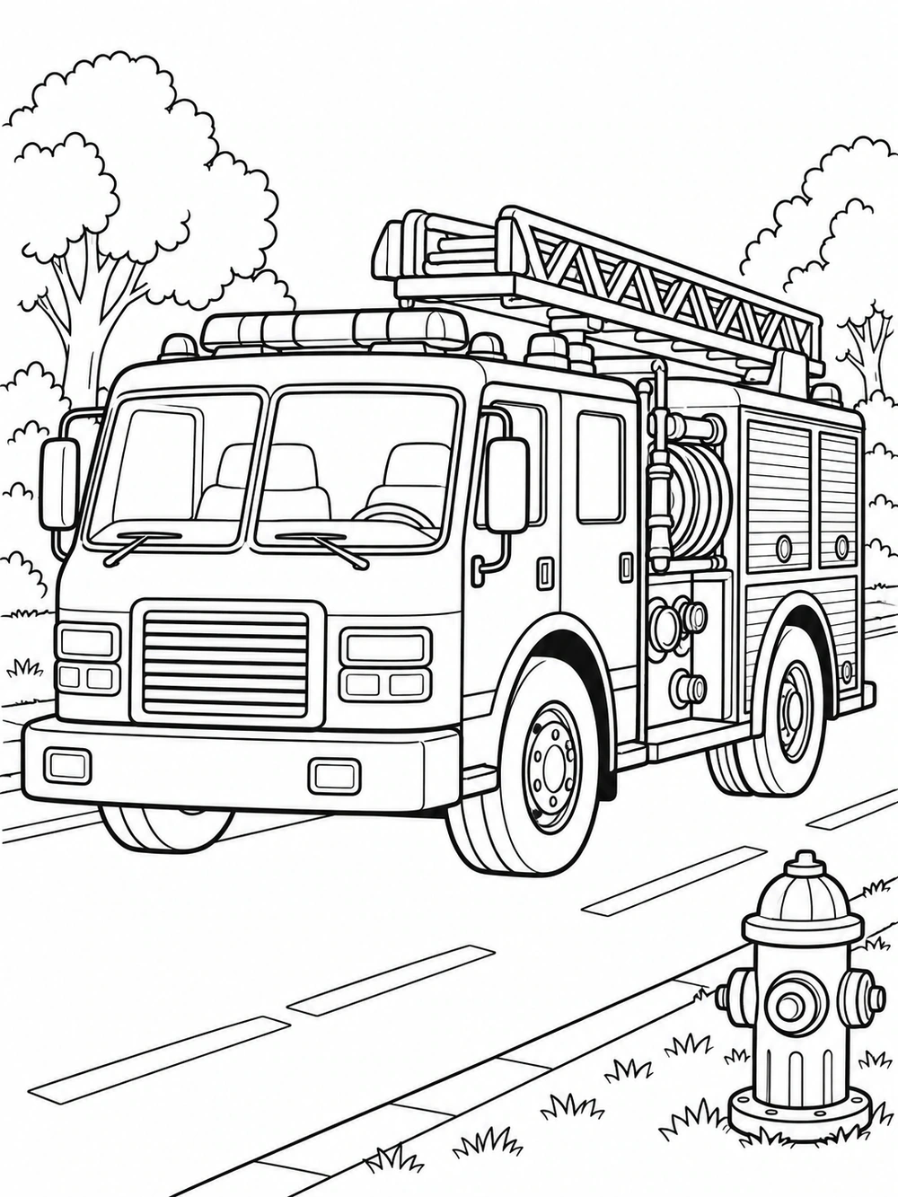 Black-and-white fire engine coloring page with roof ladder, hose reel, road, trees, and a roadside hydrant
