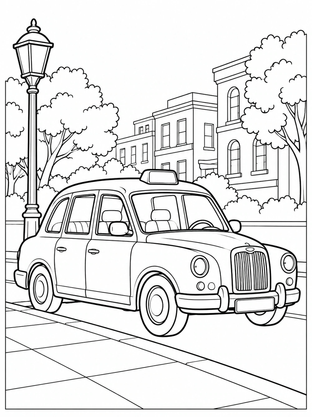 Classic four-door taxi with a blank roof sign parked beside a curb and streetlamp, with trees and city buildings behind it.