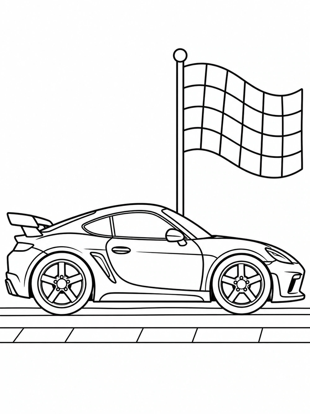 Side-profile sports coupe with two wheels beside a checkered flag on a pole, on a track.