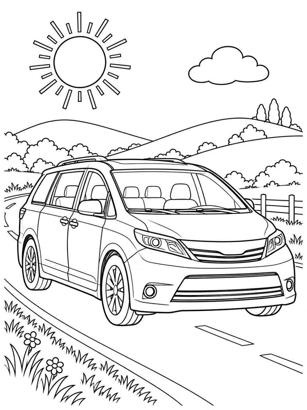 Front three-quarter view of a family minivan driving past hills, a sun, and a cloud in a countryside coloring page.