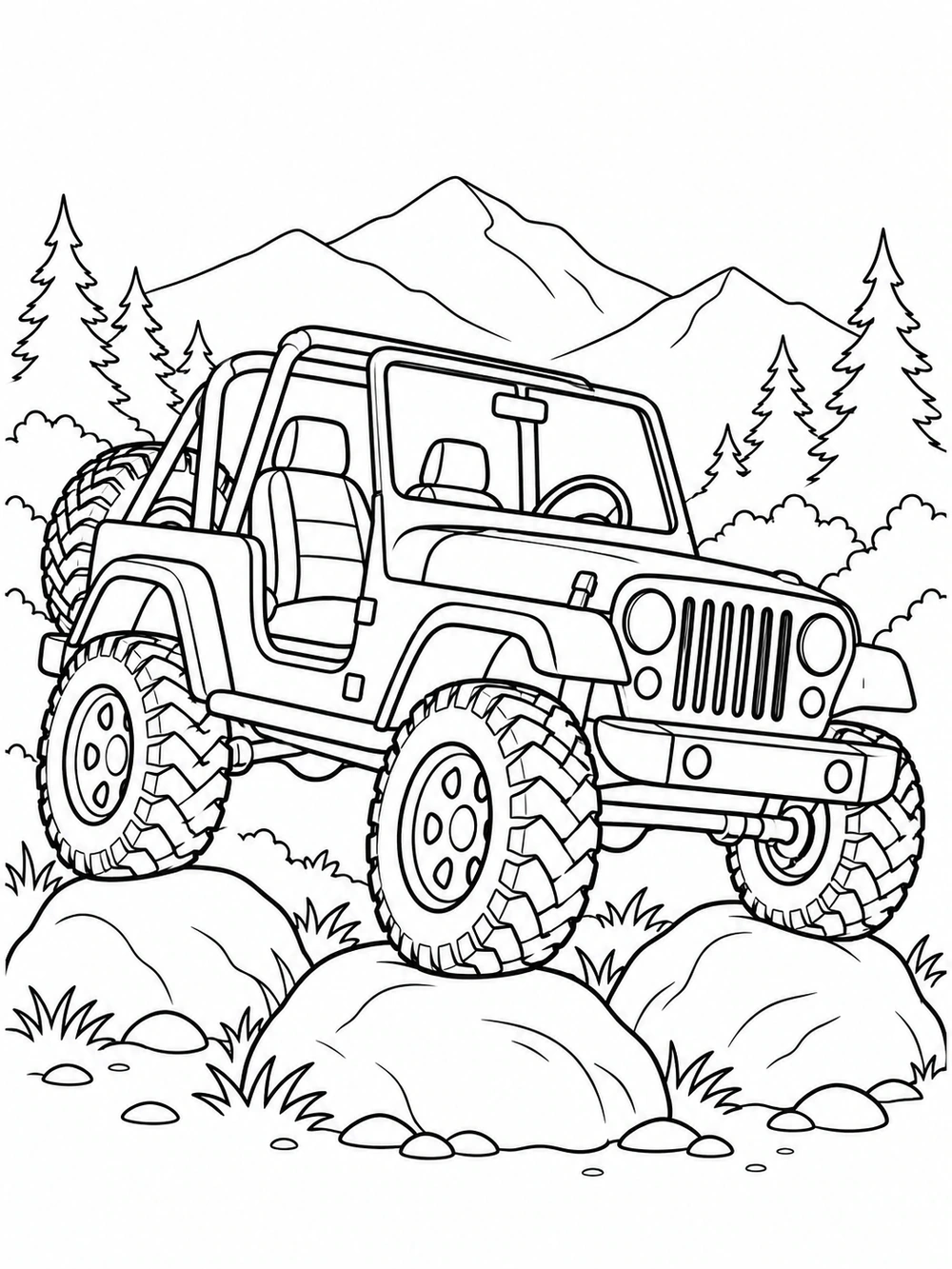 Detailed open-top off-road jeep with a rear spare tire crossing rocky terrain, printable coloring page